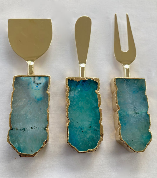 Set of 3 Aqua Agate Cheese Knives/Spreaders
