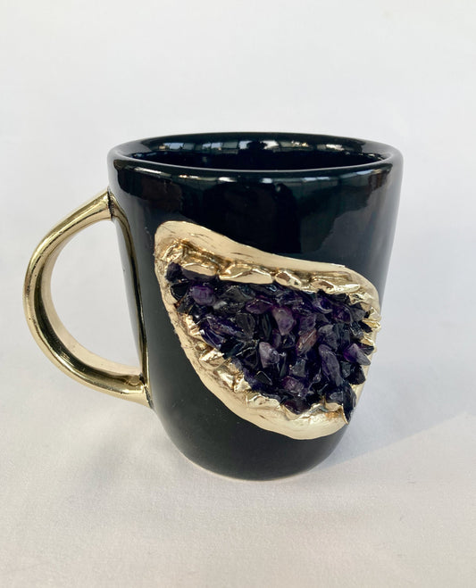 Set of 2 |Personalised Black and Gold Ceramic Coffee/Tea Mug with Amethyst Semi-precious Agate Crystal Gemstones | 8 oz