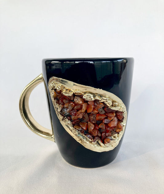 Set of 2 |Personalised Black and Gold Ceramic Coffee/Tea Mug with Red Semi-precious Agate Crystal Gemstones | 8 oz