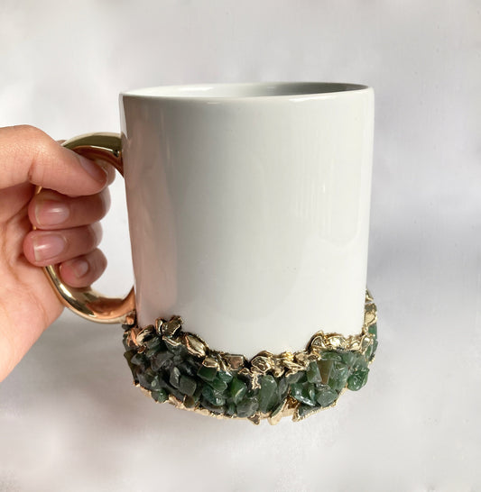 Set of 2| Personalised White ,Gold Ceramic Big Coffee/Tea/Juice/Beverage Mug, Dark Green Semi-precious Agate Crystal Gemstones | 13 oz/385ml