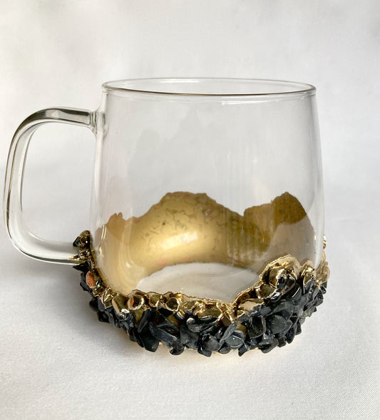 Set of 2 |Crystal Glass Coffee/Tea/Juice Mugs with Gold Plated Black Agate/Quartz Semi-precious Crystals | 17 oz/500 ml