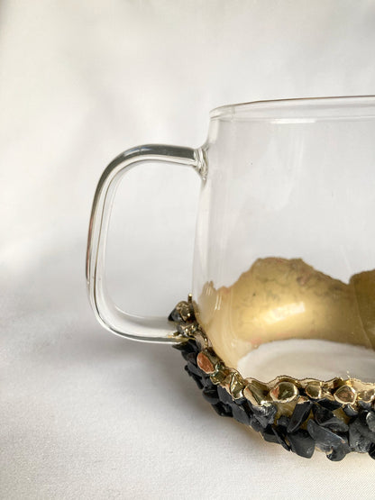 Set of 2 |Crystal Glass Coffee/Tea/Juice Mugs with Gold Plated Black Agate/Quartz Semi-precious Crystals | 17 oz/500 ml