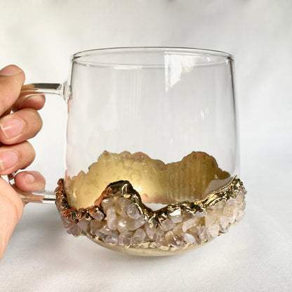 Set of 2 |Crystal Glass Coffee/Tea/Juice Mugs with Gold Plated Rose Quartz Agate/Quartz Semi-precious Crystals | 17 oz/500 ml