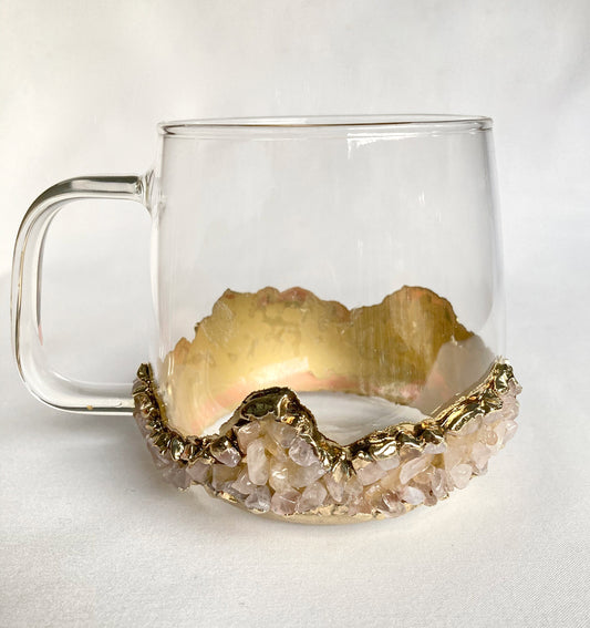 Set of 2 |Crystal Glass Coffee/Tea/Juice Mugs with Gold Plated Rose Quartz Agate/Quartz Semi-precious Crystals | 17 oz/500 ml