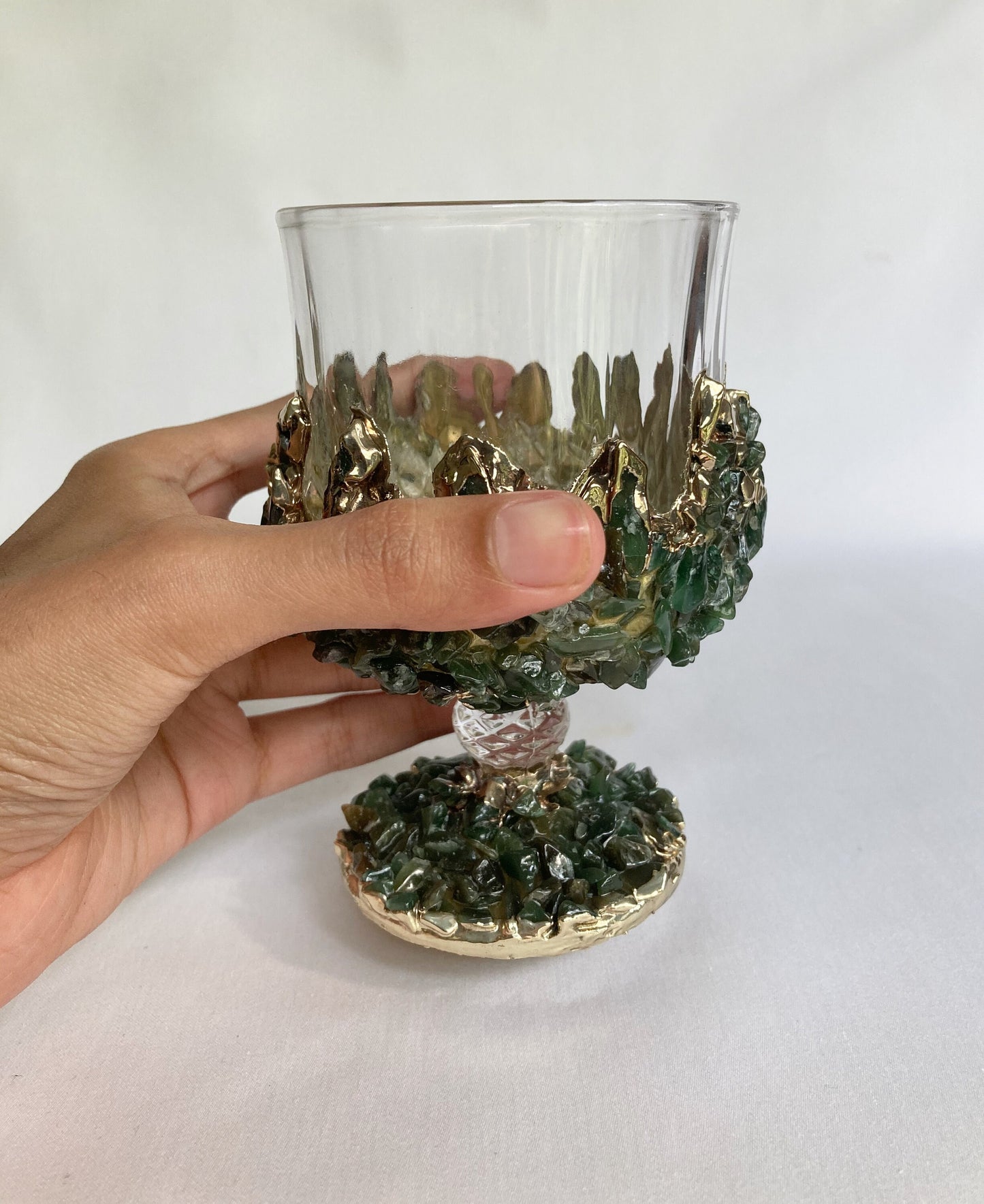 Set of 2 |Crystal Wine Glasses with Gold Plated Dark Green Agate/Quartz Semi-precious Crystals | 7 oz/210 ml