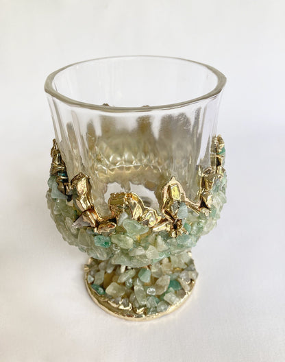 Set of 2 |Crystal Wine Glasses with Gold Plated Light Green Agate/Quartz Semi-precious Crystals | 7 oz/210 ml