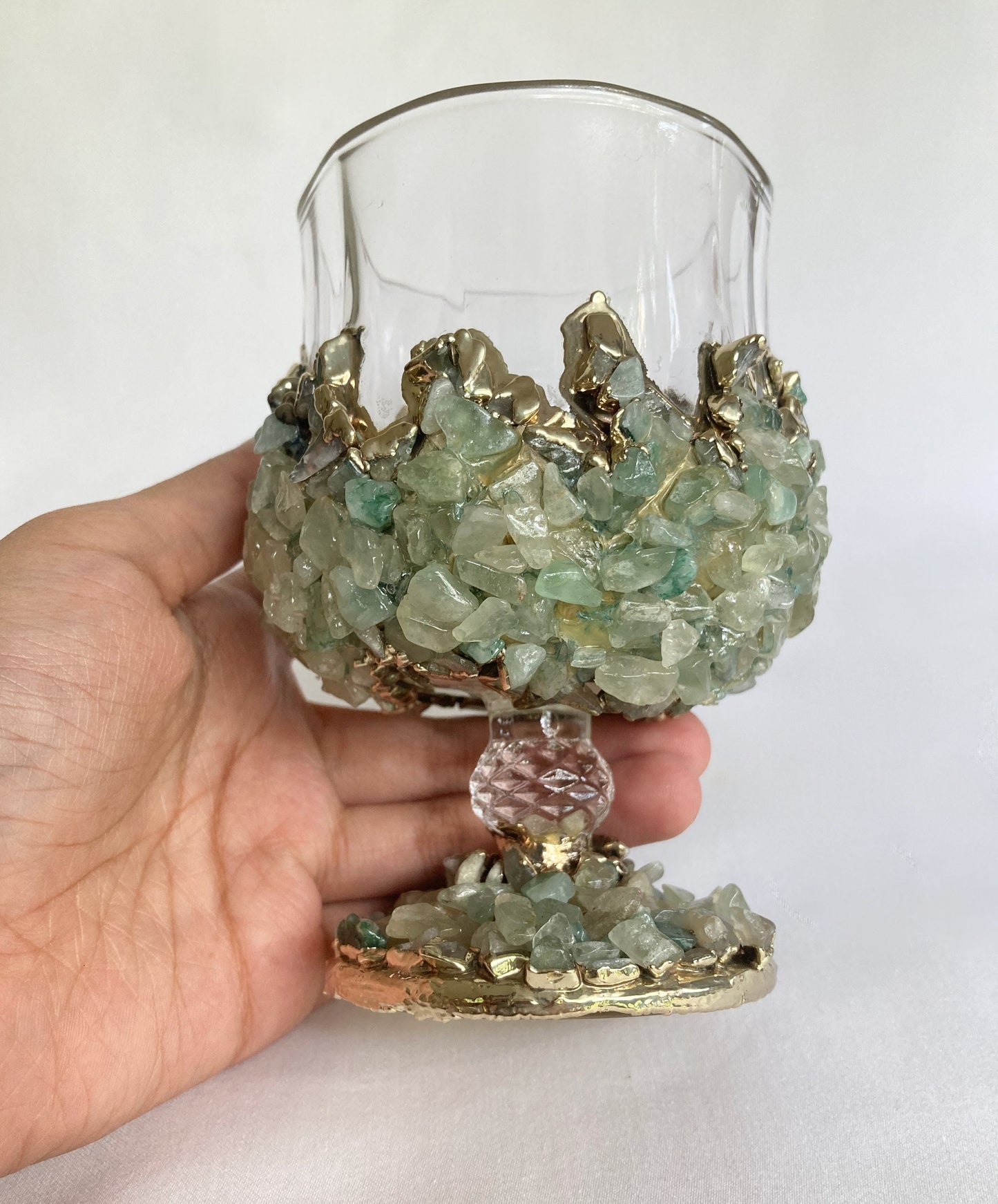 Set of 2 |Crystal Wine Glasses with Gold Plated Light Green Agate/Quartz Semi-precious Crystals | 7 oz/210 ml