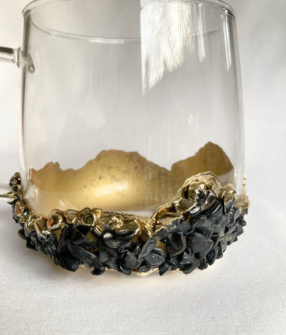 Set of 2 |Crystal Glass Coffee/Tea/Juice Mugs with Gold Plated Black Agate/Quartz Semi-precious Crystals | 17 oz/500 ml
