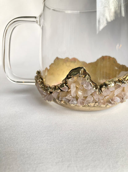 Set of 2 |Crystal Glass Coffee/Tea/Juice Mugs with Gold Plated Rose Quartz Agate/Quartz Semi-precious Crystals | 17 oz/500 ml