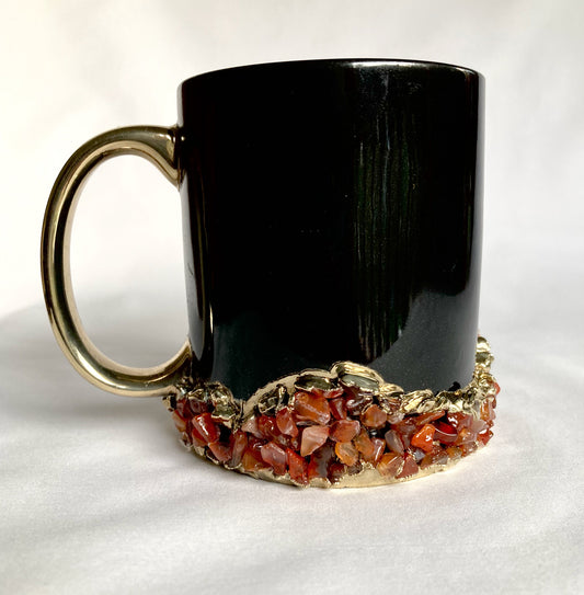 Set of 2 |Personalised Black and Gold Ceramic Big Coffee/Tea/Juice/Beverage Mug with Red Semi-precious Agate Crystal Gemstones | 13 oz/385ml
