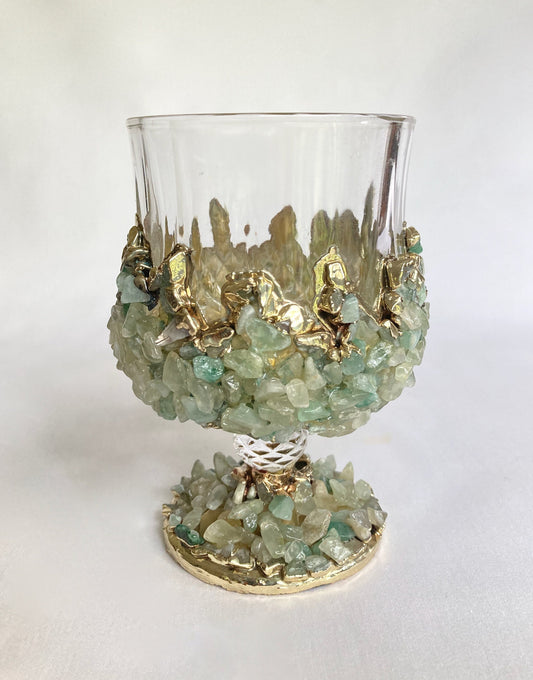 Set of 2 |Crystal Wine Glasses with Gold Plated Light Green Agate/Quartz Semi-precious Crystals | 7 oz/210 ml