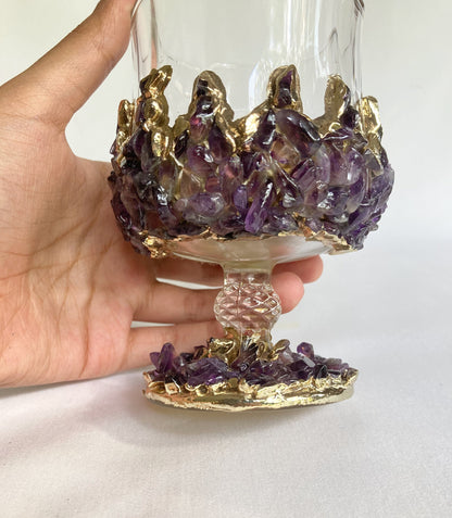 Set of 2 |Crystal Wine Glasses with Gold Plated Purple Amethyst Agate/Quartz Semi-precious Crystals | 7 oz/210 ml