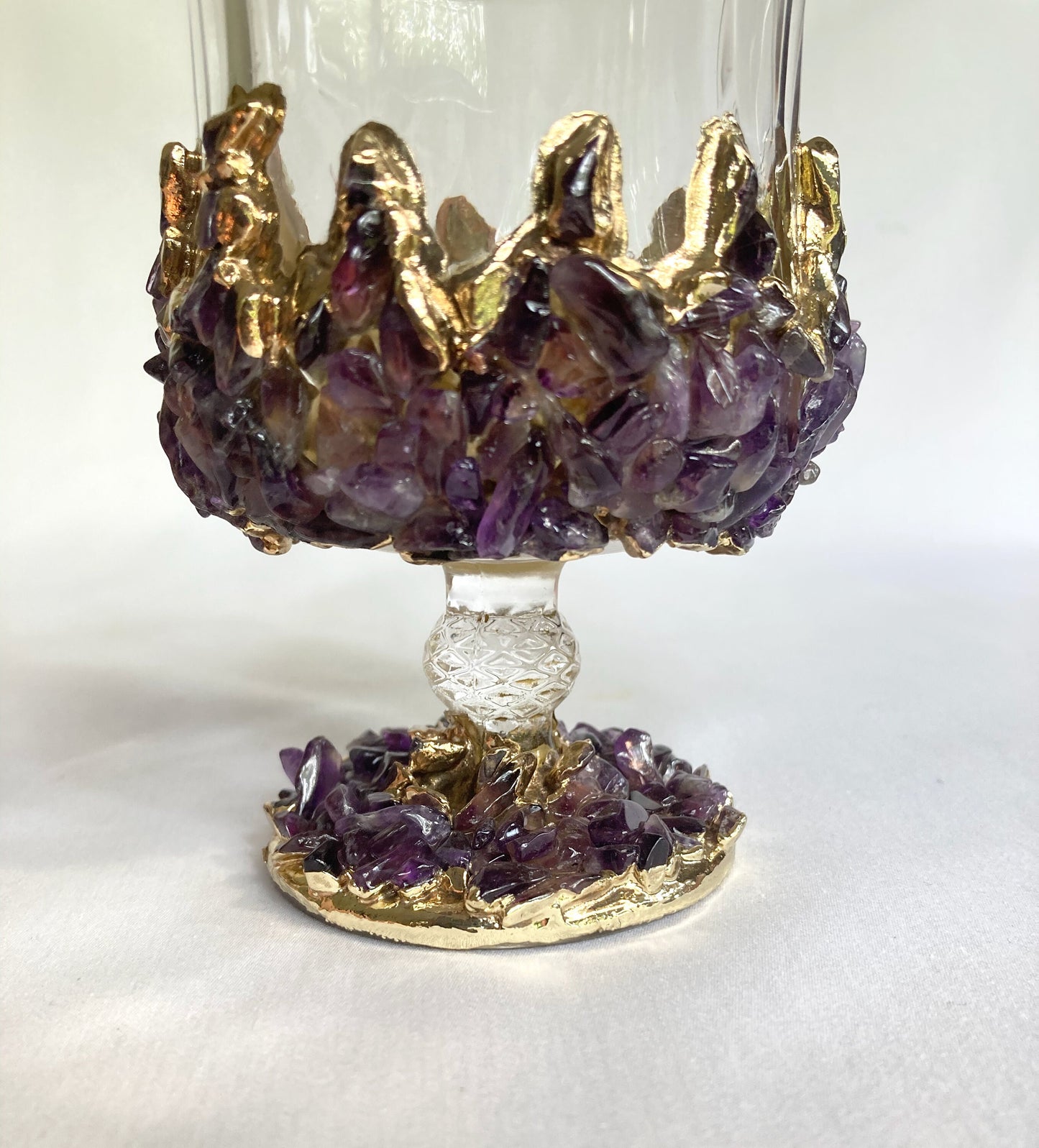 Set of 2 |Crystal Wine Glasses with Gold Plated Purple Amethyst Agate/Quartz Semi-precious Crystals | 7 oz/210 ml