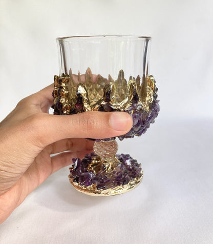 Set of 2 |Crystal Wine Glasses with Gold Plated Purple Amethyst Agate/Quartz Semi-precious Crystals | 7 oz/210 ml