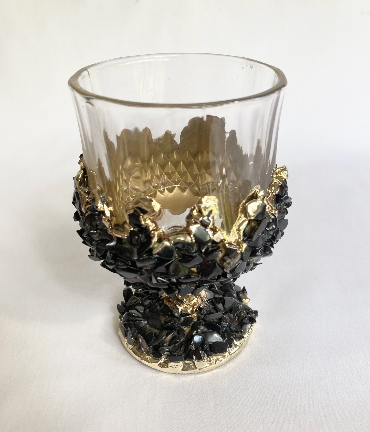 Set of 2 |Crystal Wine Glasses with Gold Plated Back Agate/Quartz Semi-precious Crystals | 7 oz/210 ml