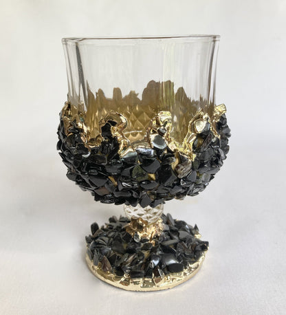 Set of 2 |Crystal Wine Glasses with Gold Plated Back Agate/Quartz Semi-precious Crystals | 7 oz/210 ml