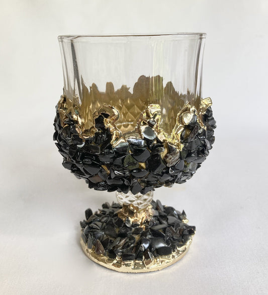 Set of 2 |Crystal Wine Glasses with Gold Plated Back Agate/Quartz Semi-precious Crystals | 7 oz/210 ml