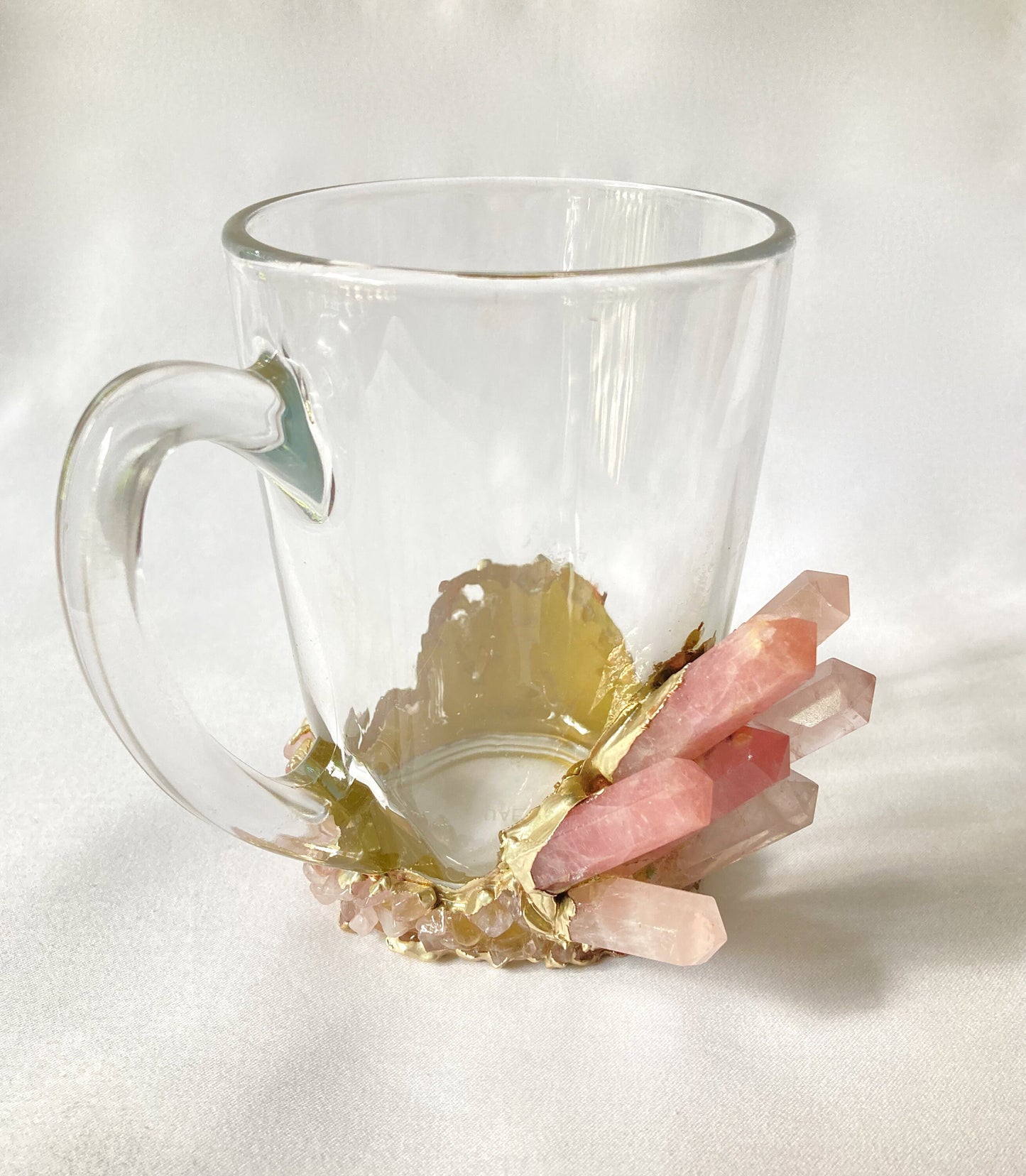 Set of 2 |Crystal Glass Coffee/Tea/Juice Mugs with Gold Plated Rose Quartz Agate Semi-precious Crystals | 11 oz/320 ml