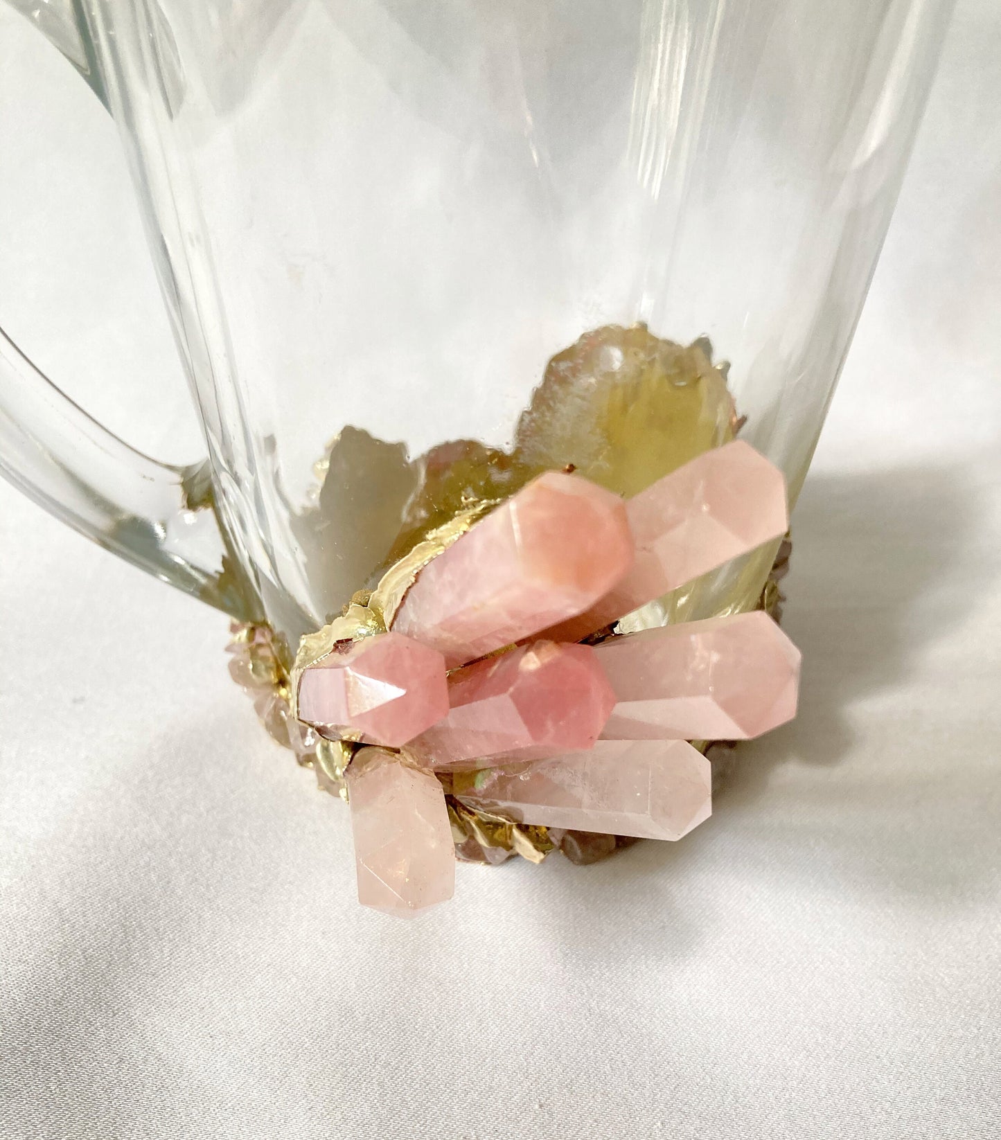 Set of 2 |Crystal Glass Coffee/Tea/Juice Mugs with Gold Plated Rose Quartz Agate Semi-precious Crystals | 11 oz/320 ml
