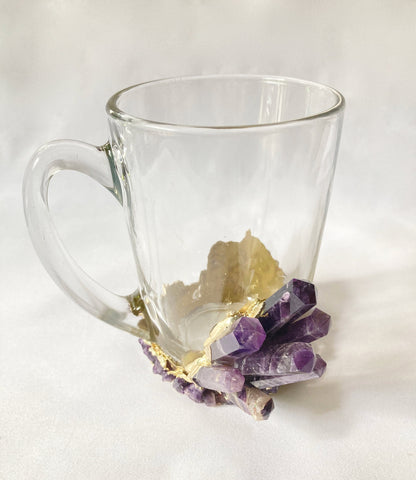 Set of 2 |Crystal Glass Coffee/Tea/Juice Mugs with Gold Plated Purple Amethyst Agate Semi-precious Crystals | 11 oz/320 ml