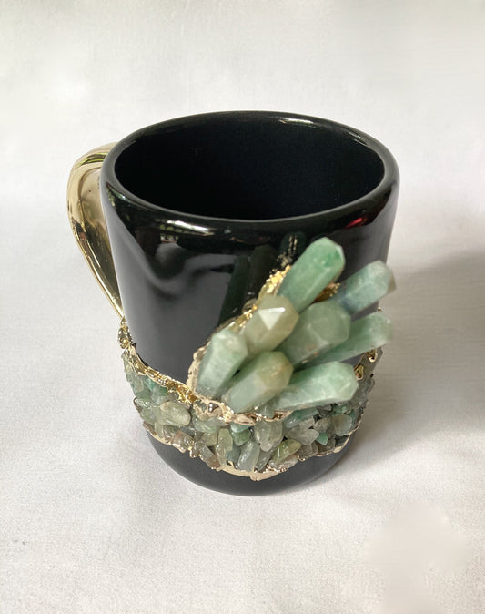 Set of 2 |Black and Gold Ceramic Big Coffee/Tea/Juice/Beverage Mug with Green Semi-precious Agate Crystal | 12 oz/355 ml