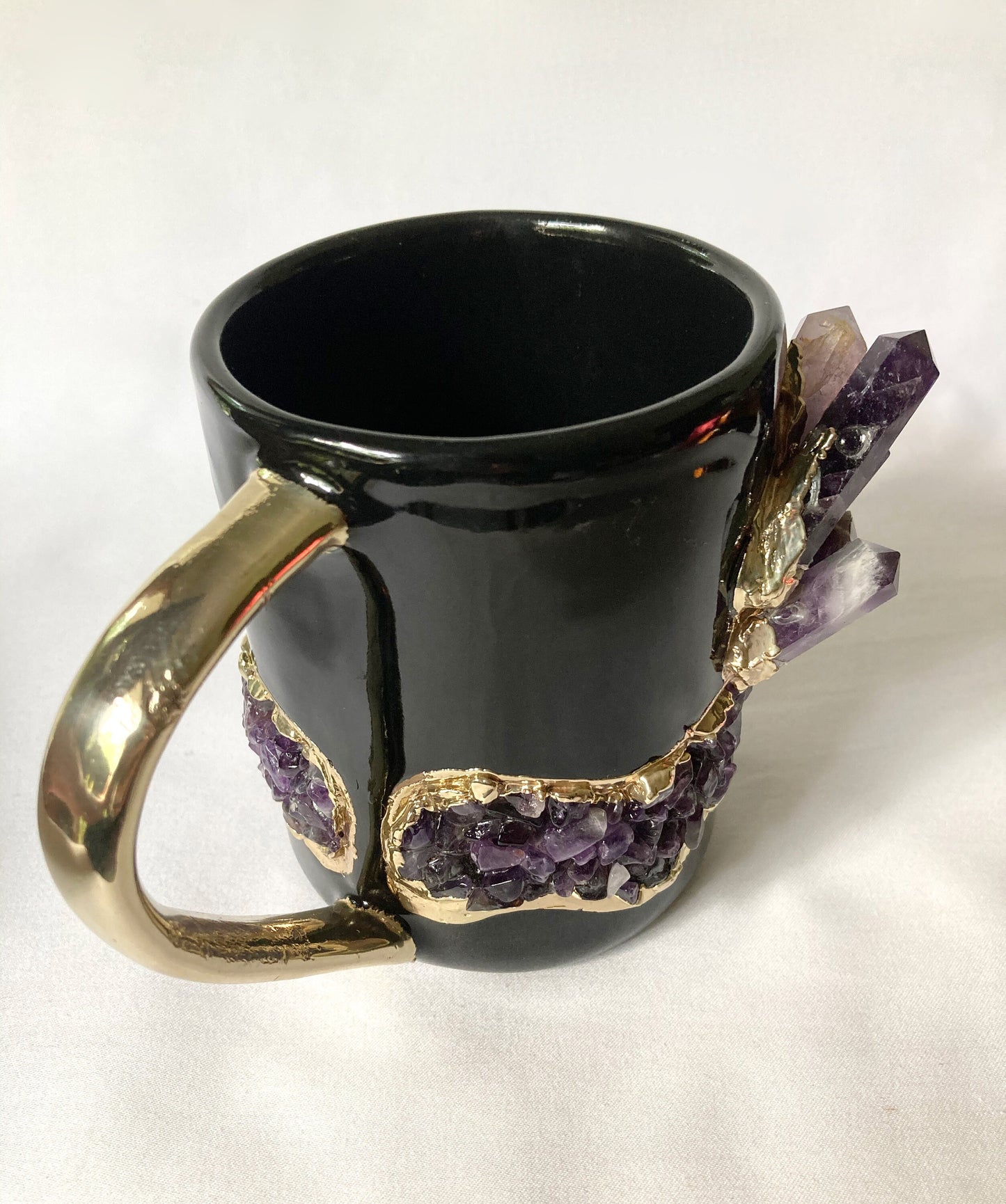 Set of 2 |Black and Gold Ceramic Big Coffee/Tea/Juice/Beverage Mug with Purple Amethyst Semi-precious Agate Crystal Gemstones | 12 oz/355 ml