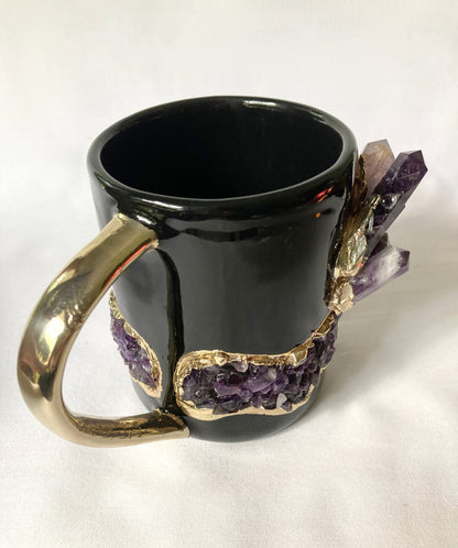 Set of 2 |Black and Gold Ceramic Big Coffee/Tea/Juice/Beverage Mug with Purple Amethyst Semi-precious Agate Crystal Gemstones | 12 oz/355 ml
