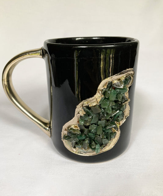 Set of 2 |Black and Gold Ceramic Big Coffee/Tea/Juice/Beverage Mug with Dark Green Semi-precious Agate Crystal | 12 oz/355 ml