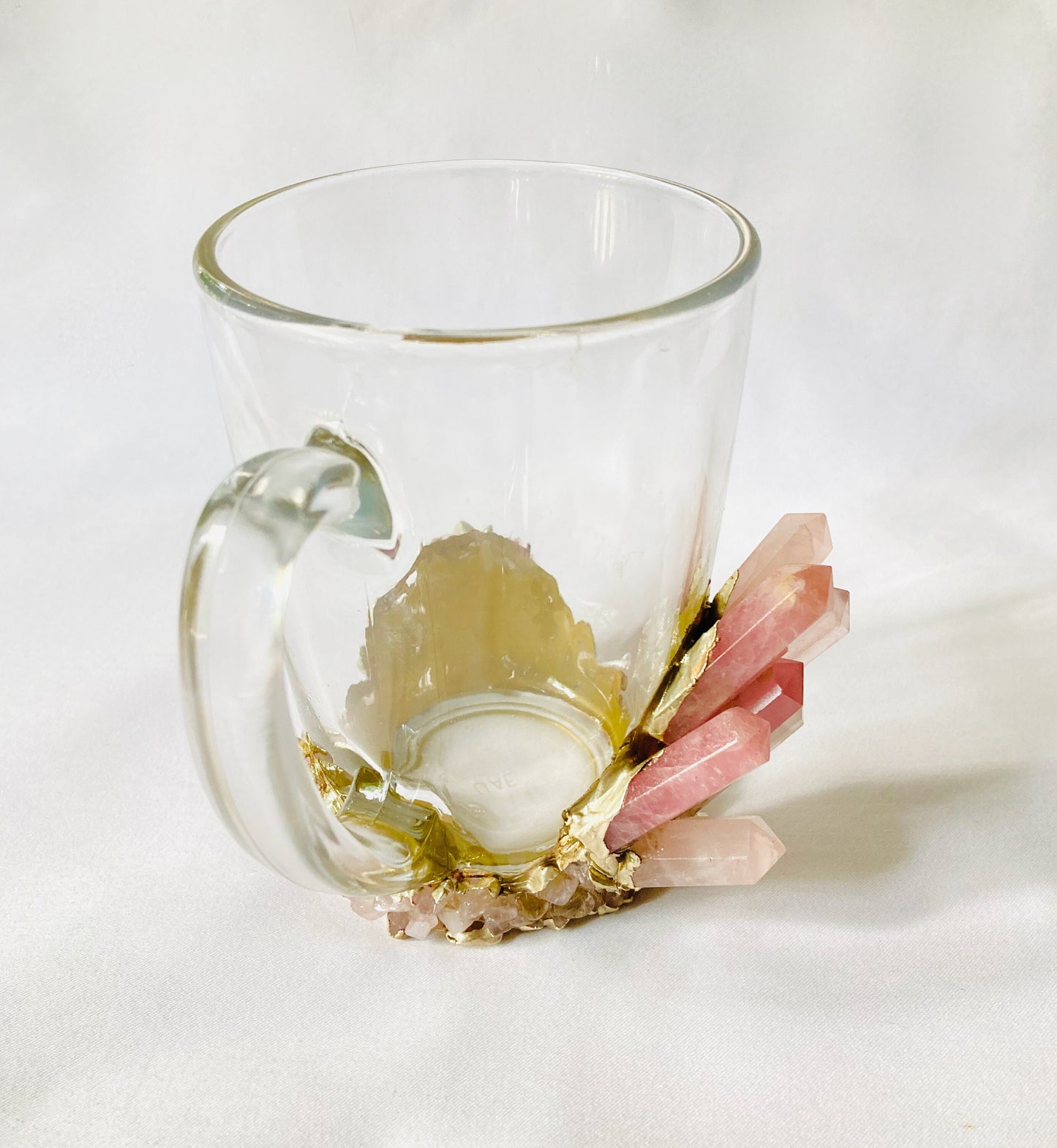 Set of 2 |Crystal Glass Coffee/Tea/Juice Mugs with Gold Plated Rose Quartz Agate Semi-precious Crystals | 11 oz/320 ml