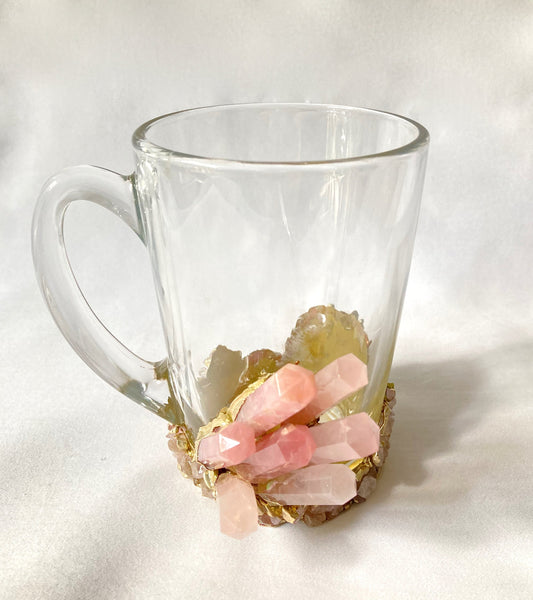 Set of 2 |Crystal Glass Coffee/Tea/Juice Mugs with Gold Plated Rose Quartz Agate Semi-precious Crystals | 11 oz/320 ml