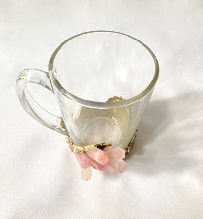 Set of 2 |Crystal Glass Coffee/Tea/Juice Mugs with Gold Plated Rose Quartz Agate Semi-precious Crystals | 11 oz/320 ml