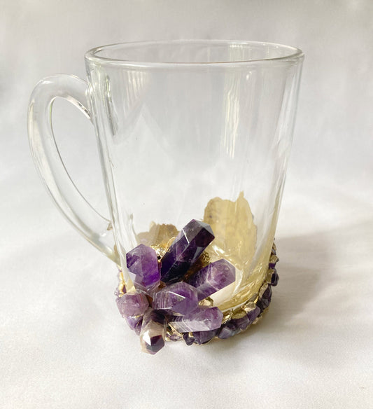Set of 2 |Crystal Glass Coffee/Tea/Juice Mugs with Gold Plated Purple Amethyst Agate Semi-precious Crystals | 11 oz/320 ml