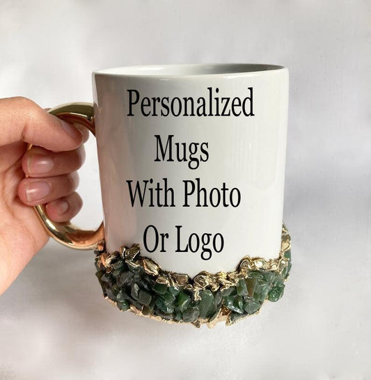 White Ceramic Mugs with Crystals