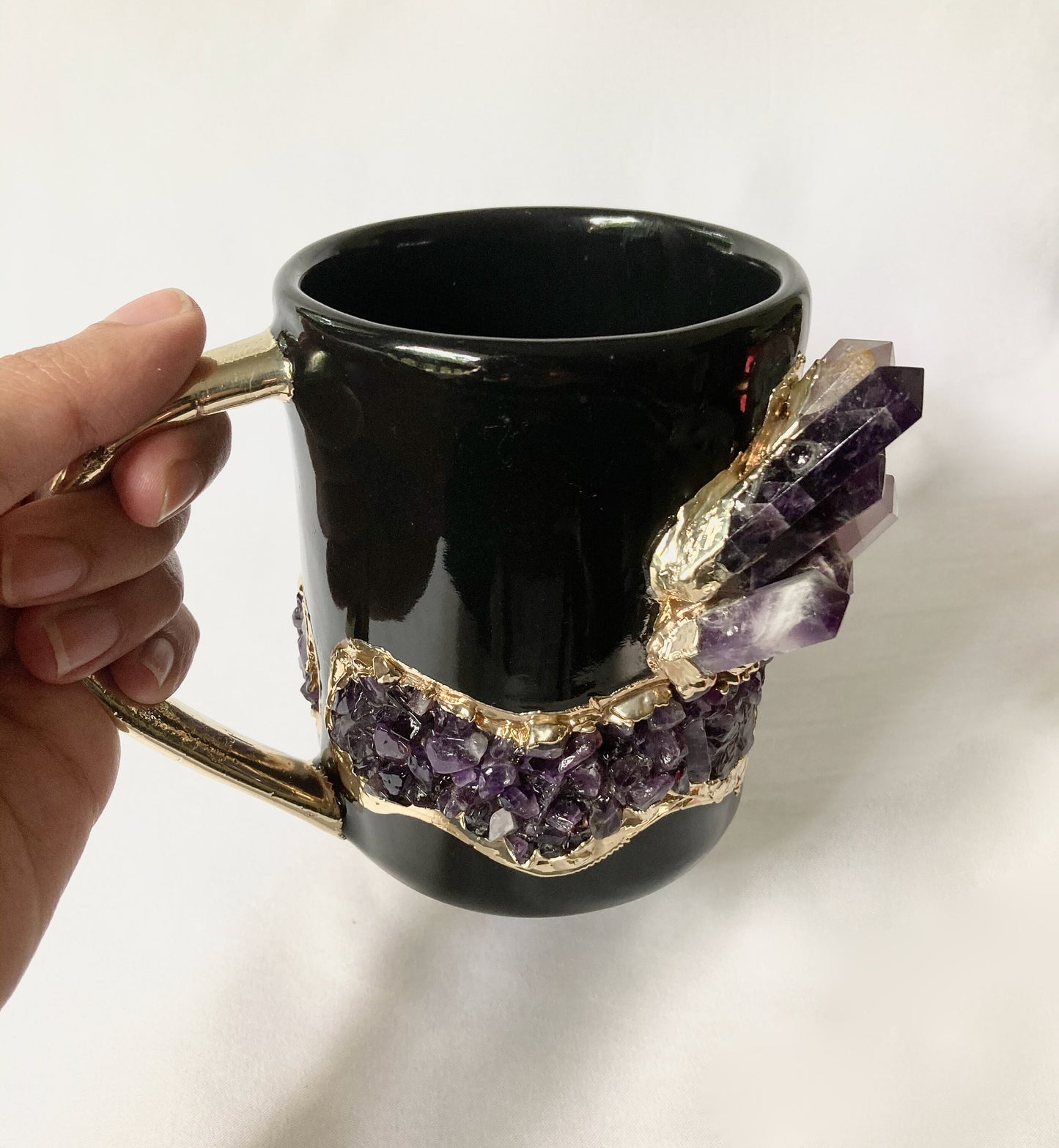 Set of 2 |Black and Gold Ceramic Big Coffee/Tea/Juice/Beverage Mug with Purple Amethyst Semi-precious Agate Crystal Gemstones | 12 oz/355 ml