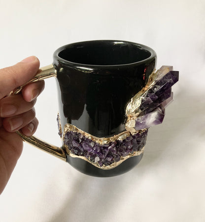 Set of 2 |Black and Gold Ceramic Big Coffee/Tea/Juice/Beverage Mug with Purple Amethyst Semi-precious Agate Crystal Gemstones | 12 oz/355 ml