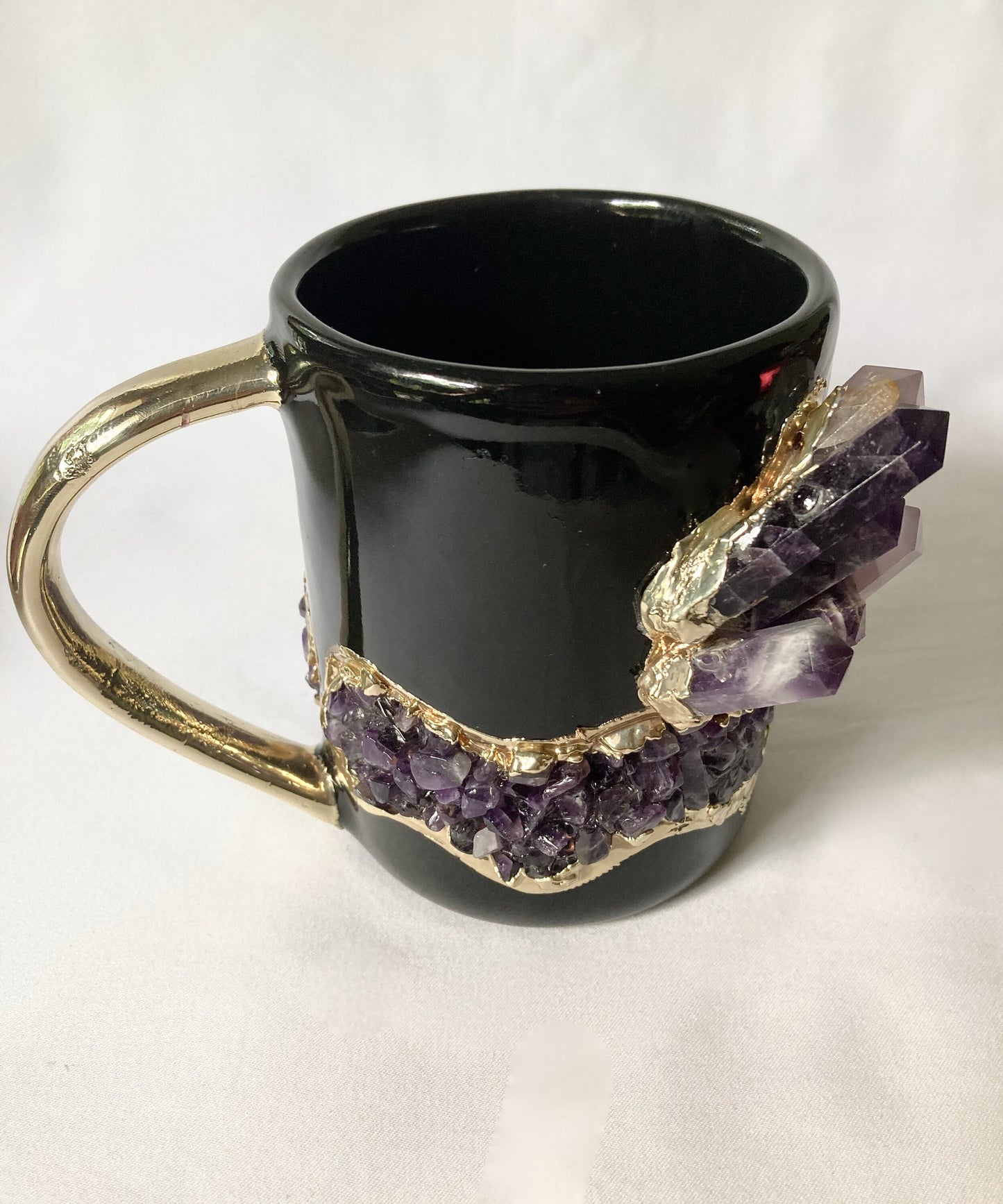 Set of 2 |Black and Gold Ceramic Big Coffee/Tea/Juice/Beverage Mug with Purple Amethyst Semi-precious Agate Crystal Gemstones | 12 oz/355 ml