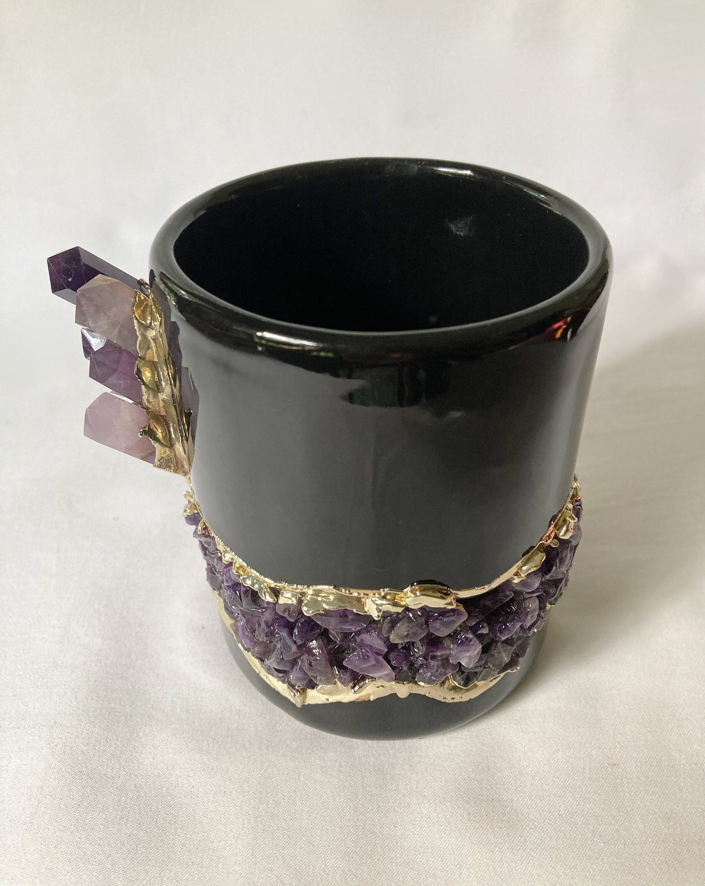 Set of 2 |Black and Gold Ceramic Big Coffee/Tea/Juice/Beverage Mug with Purple Amethyst Semi-precious Agate Crystal Gemstones | 12 oz/355 ml
