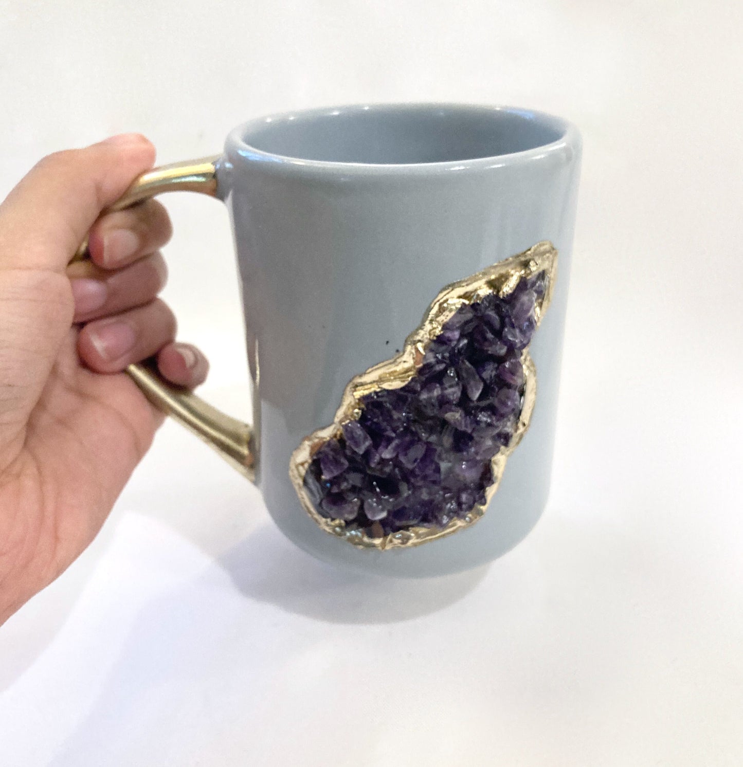 Set of 2 |Personalised Grey, Gold Ceramic Big Coffee/Tea/Juice/Beverage Mug,  Amethyst Semi-precious Agate Crystal Gemstones | 12 oz/355ml