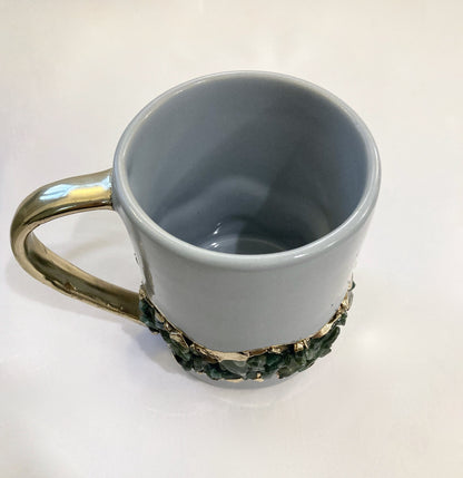 Set of 2 |Personalised Grey, Gold Ceramic Big Coffee/Tea/Juice/Beverage Mug, Dark Green Semi-precious Agate Crystal Gemstones | 12 oz/355ml