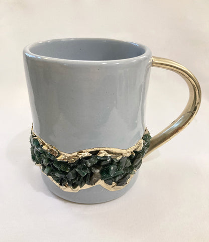 Set of 2 |Personalised Grey, Gold Ceramic Big Coffee/Tea/Juice/Beverage Mug, Dark Green Semi-precious Agate Crystal Gemstones | 12 oz/355ml