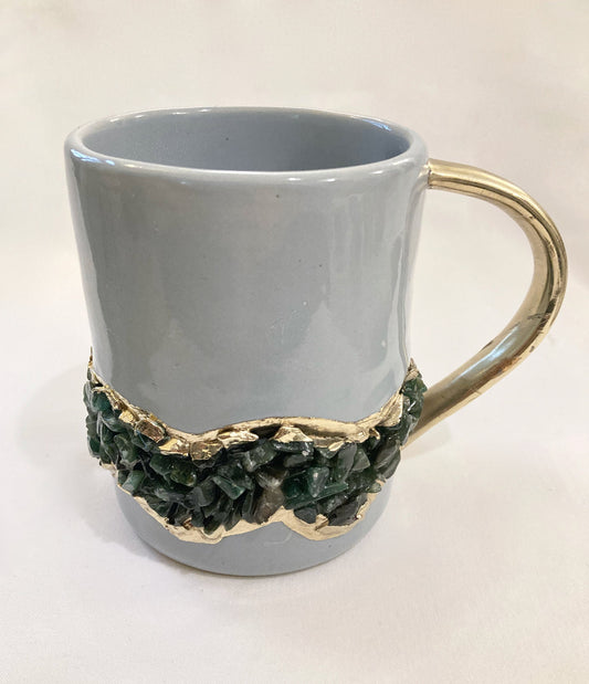 Set of 2 |Personalised Grey, Gold Ceramic Big Coffee/Tea/Juice/Beverage Mug, Dark Green Semi-precious Agate Crystal Gemstones | 12 oz/355ml