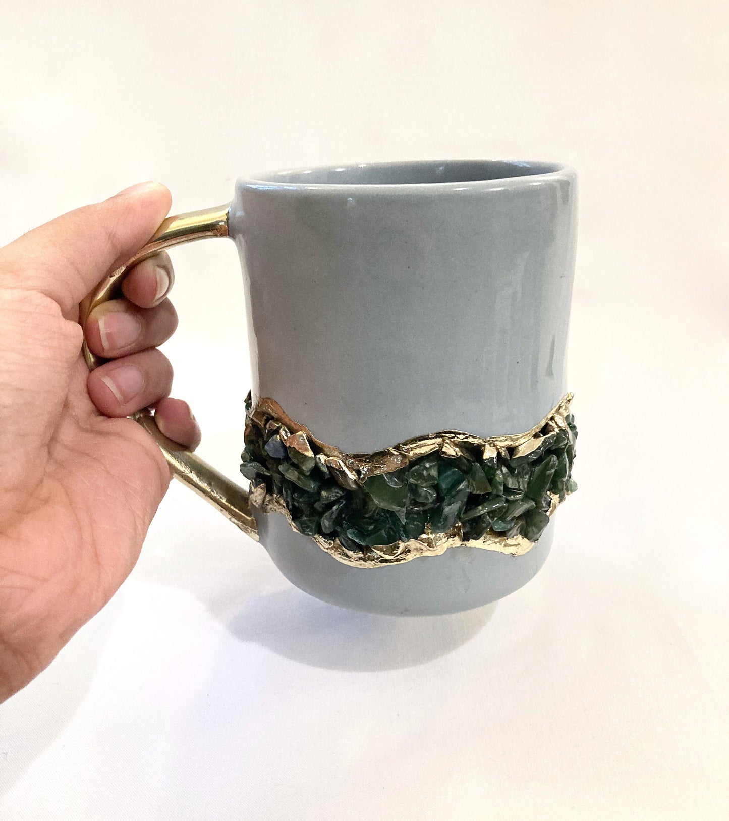 Set of 2 |Personalised Grey, Gold Ceramic Big Coffee/Tea/Juice/Beverage Mug, Dark Green Semi-precious Agate Crystal Gemstones | 12 oz/355ml
