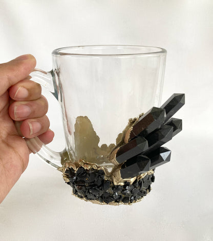 Set of 2 |Crystal Glass Coffee/Tea/Juice Mugs with Gold Plated Black Agate Semi-precious Crystals | 11 oz/320 ml