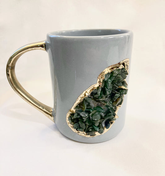 Set of 2 |Personalised Grey and Gold Ceramic Big Coffee/Tea/Juice/Beverage Mug with Dark Green Semi-precious Agate Crystal  | 12 oz/355ml