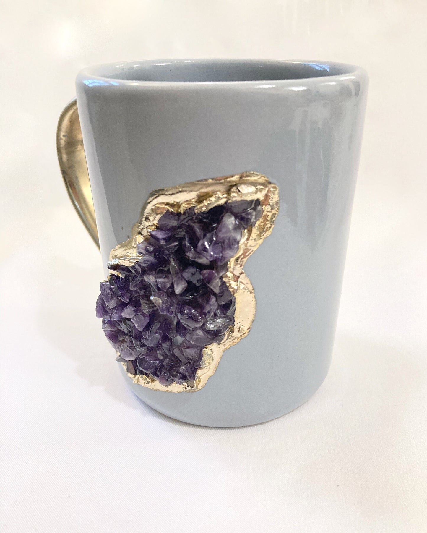 Set of 2 |Personalised Grey, Gold Ceramic Big Coffee/Tea/Juice/Beverage Mug,  Amethyst Semi-precious Agate Crystal Gemstones | 12 oz/355ml
