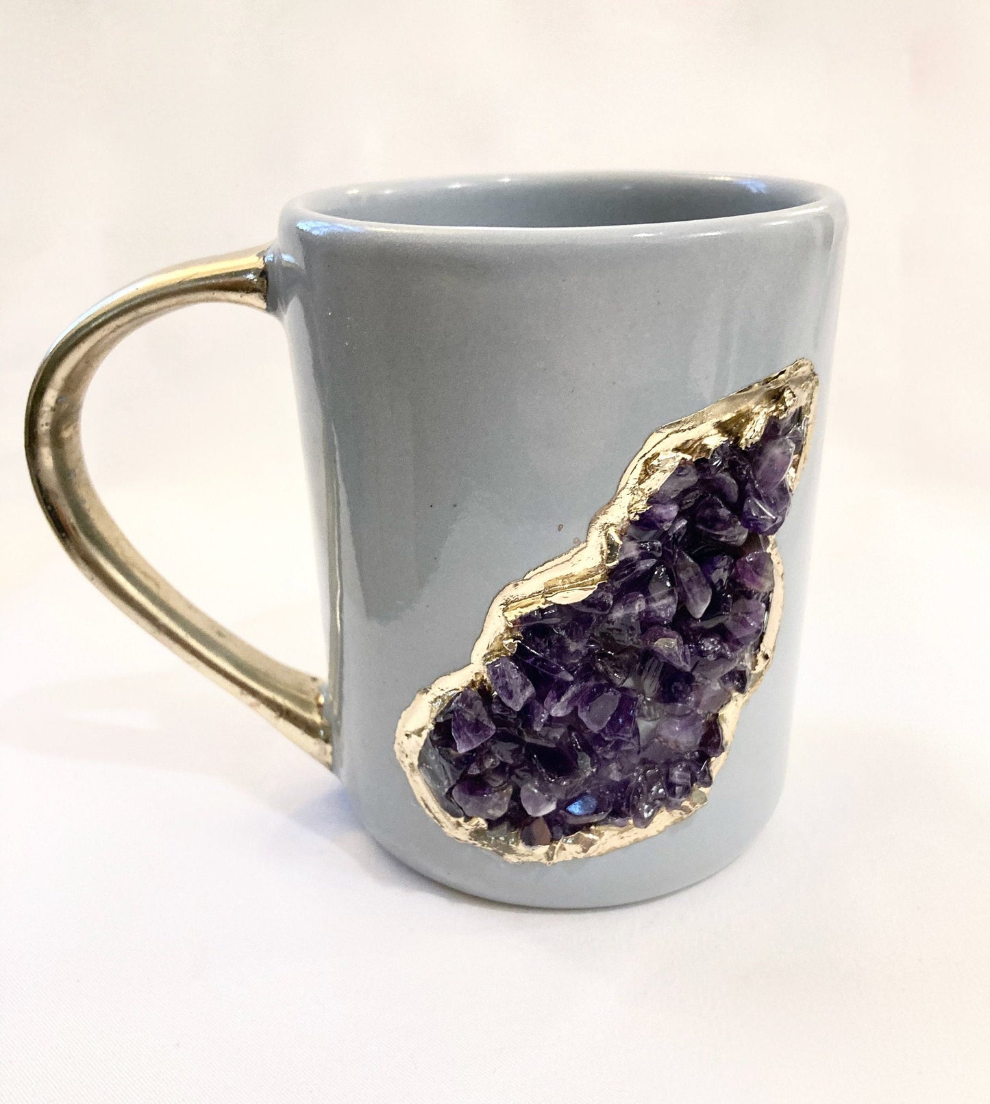 Set of 2 |Personalised Grey, Gold Ceramic Big Coffee/Tea/Juice/Beverage Mug,  Amethyst Semi-precious Agate Crystal Gemstones | 12 oz/355ml