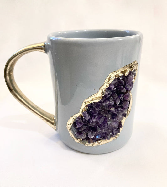 Set of 2 |Personalised Grey, Gold Ceramic Big Coffee/Tea/Juice/Beverage Mug,  Amethyst Semi-precious Agate Crystal Gemstones | 12 oz/355ml