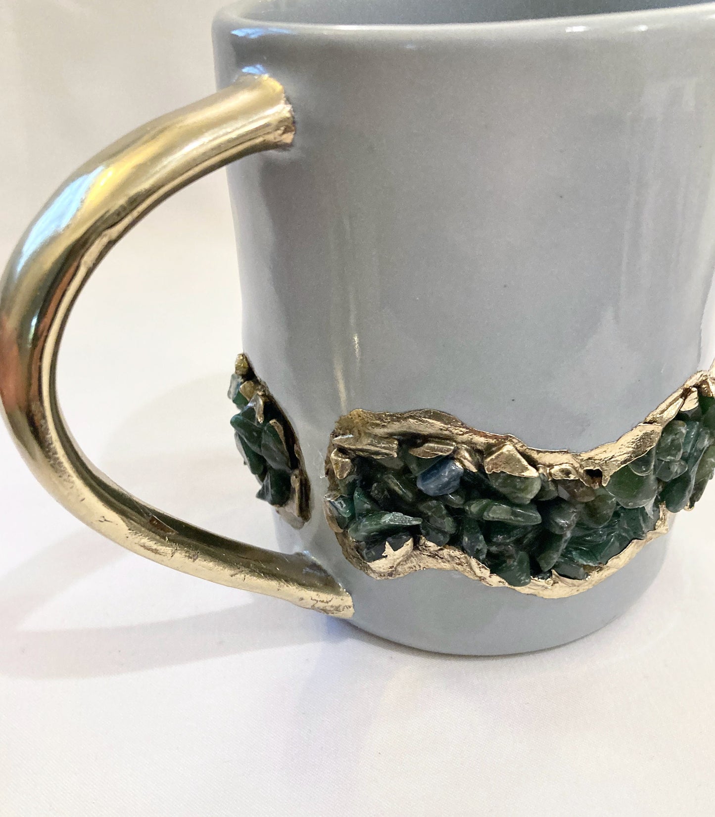 Set of 2 |Personalised Grey, Gold Ceramic Big Coffee/Tea/Juice/Beverage Mug, Dark Green Semi-precious Agate Crystal Gemstones | 12 oz/355ml