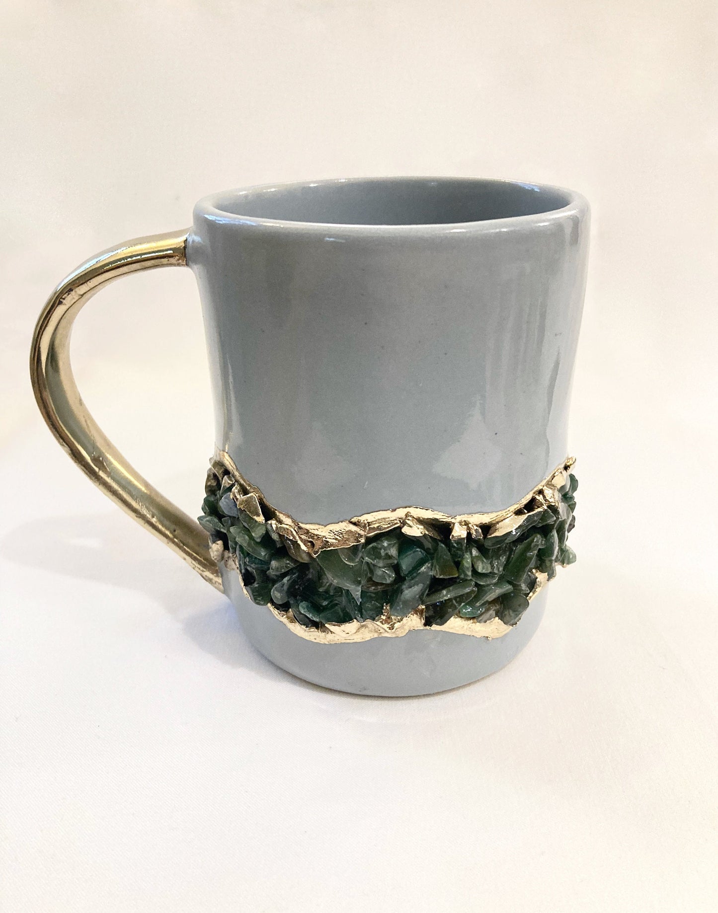Set of 2 |Personalised Grey, Gold Ceramic Big Coffee/Tea/Juice/Beverage Mug, Dark Green Semi-precious Agate Crystal Gemstones | 12 oz/355ml