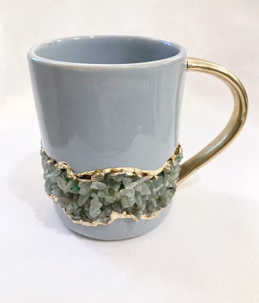 Set of 2 |Personalised Grey, Gold Ceramic Big Coffee/Tea/Juice/Beverage Mug, Light Green Semi-precious Agate Crystal Gemstones | 12 oz/355ml